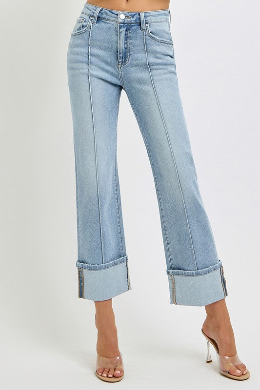 RISEN Plus Size Ankle Straight Leg Cuffed Jeans - The Goddess Galleries