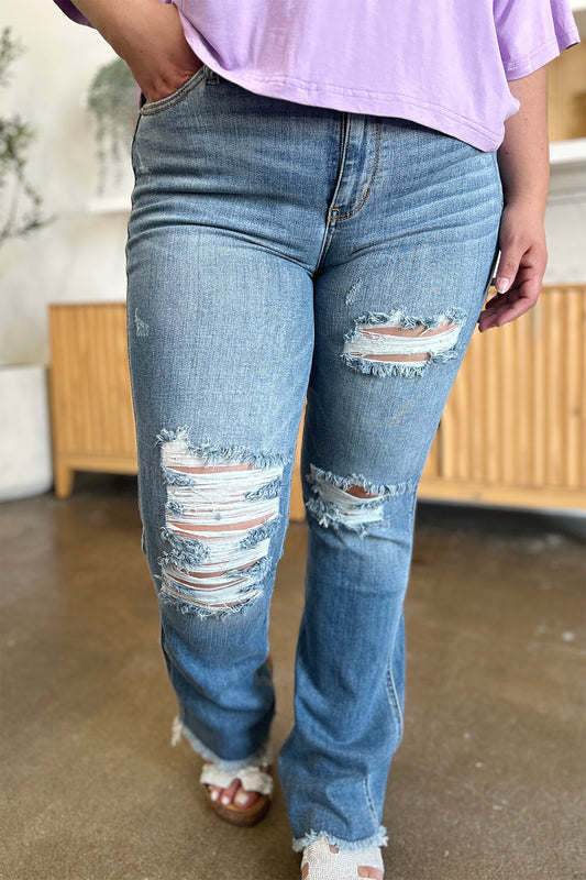 Judy Blue Full Size Distressed Raw Hem Bootcut Jeans - The Goddess Galleries