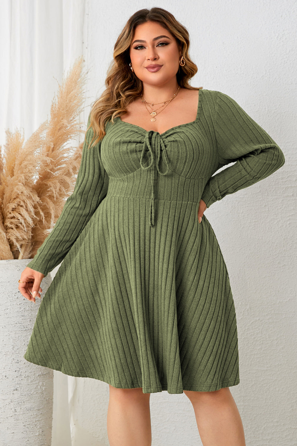 Honey Plus Size Sweetheart Neck Long Sleeve Ribbed Dress - The Goddess Galleries