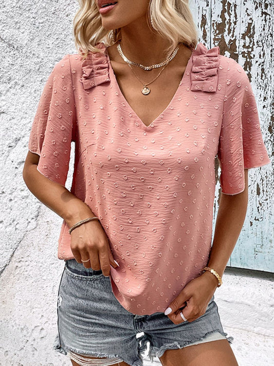 Perfee Swiss Dot Shoulder Detail V-Neck Blouse - The Goddess Galleries