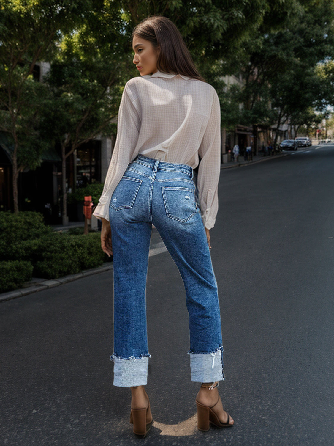 Stepped Waist Raw Hem Rolled Straight Jeans - The Goddess Galleries