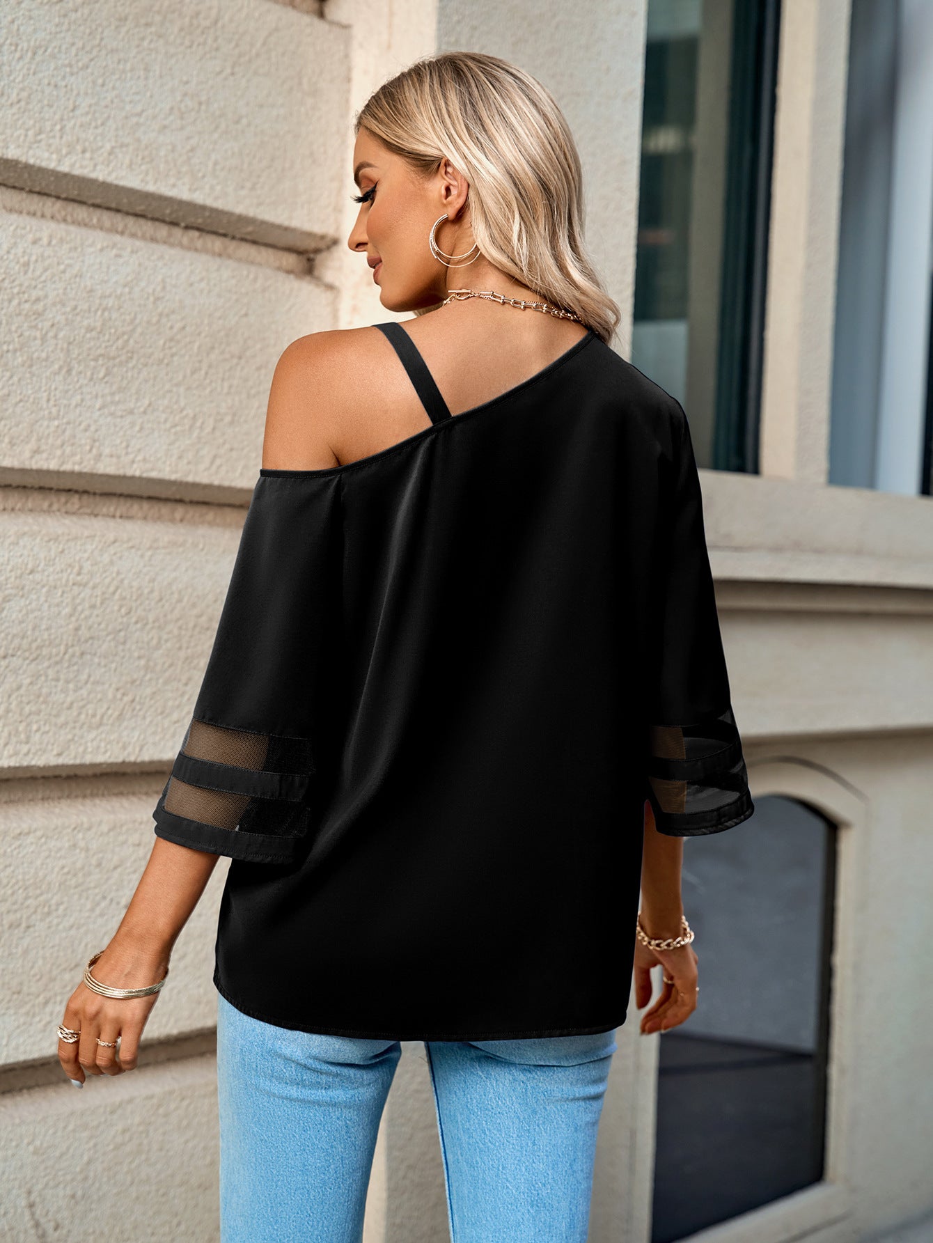 Asymmetrical Neck Sheer Striped Flare Sleeve Blouse - The Goddess Galleries