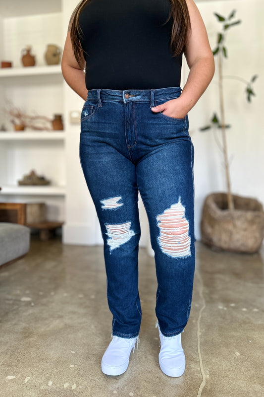 Judy Blue Full Size High Waist Rigid Magic Heavy Destroy Straight Jeans - The Goddess Galleries