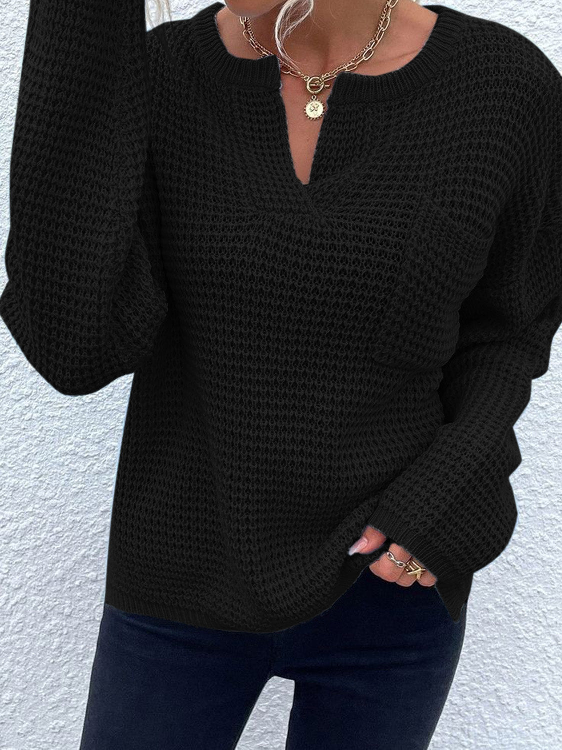Notched Long Sleeve Sweater - The Goddess Galleries