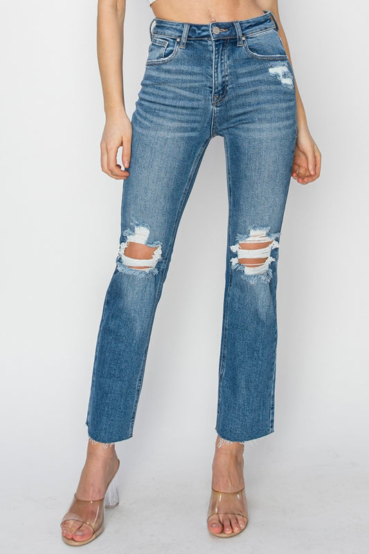 RISEN High Rise Distressed Ankle Jeans - The Goddess Galleries
