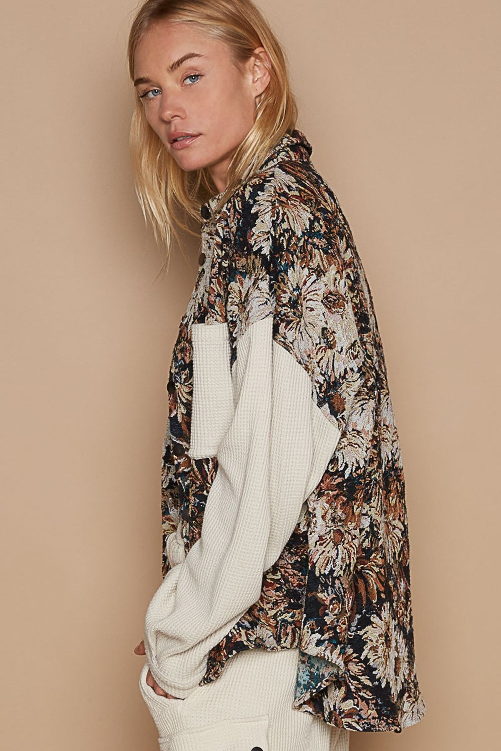 POL Contrast Sleeves Button Down Floral Jacquard Shirt - The Goddess Galleries