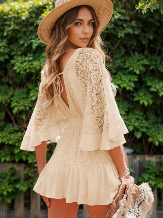Ruffle Hem Tie Back Lace Mini Dress - The Goddess Galleries