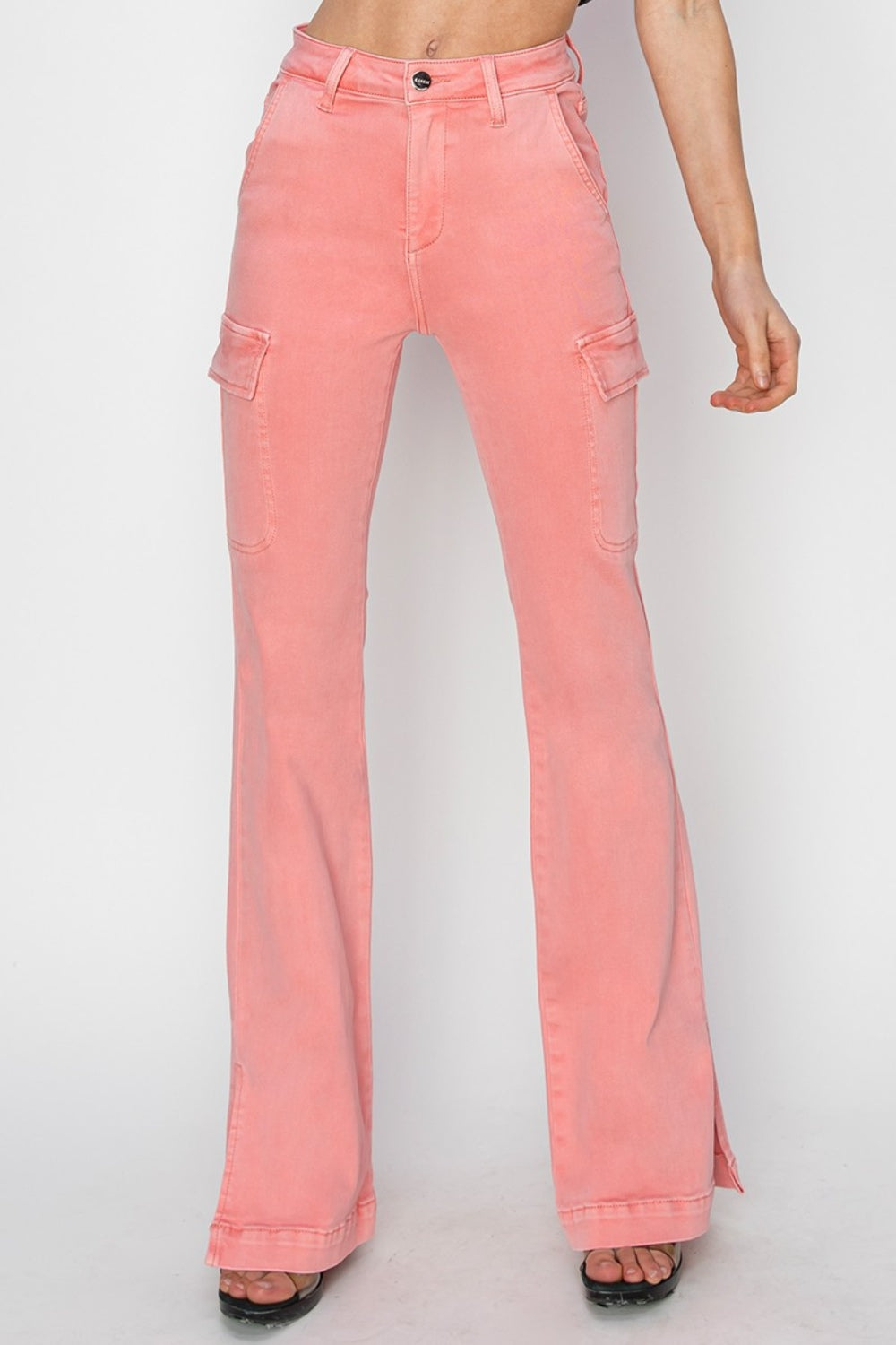 RISEN Full Size High Rise Side Slit Cargo Bootcut Jeans - The Goddess Galleries