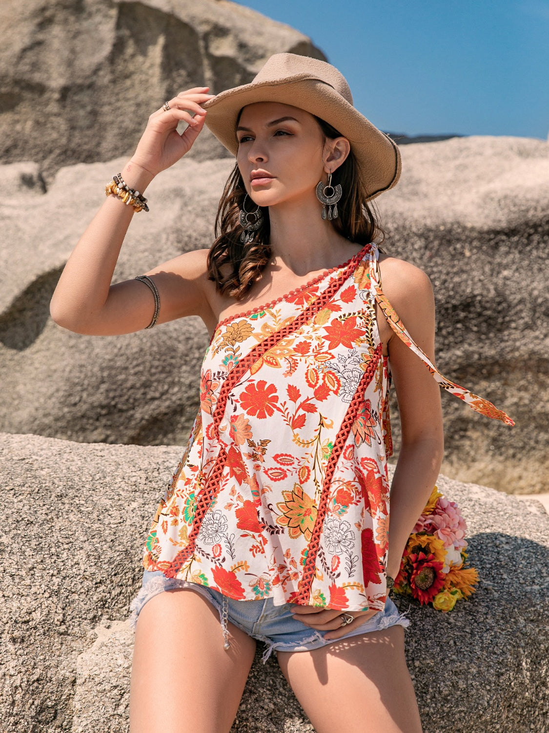 Tied Printed One Shoulder Tank - The Goddess Galleries