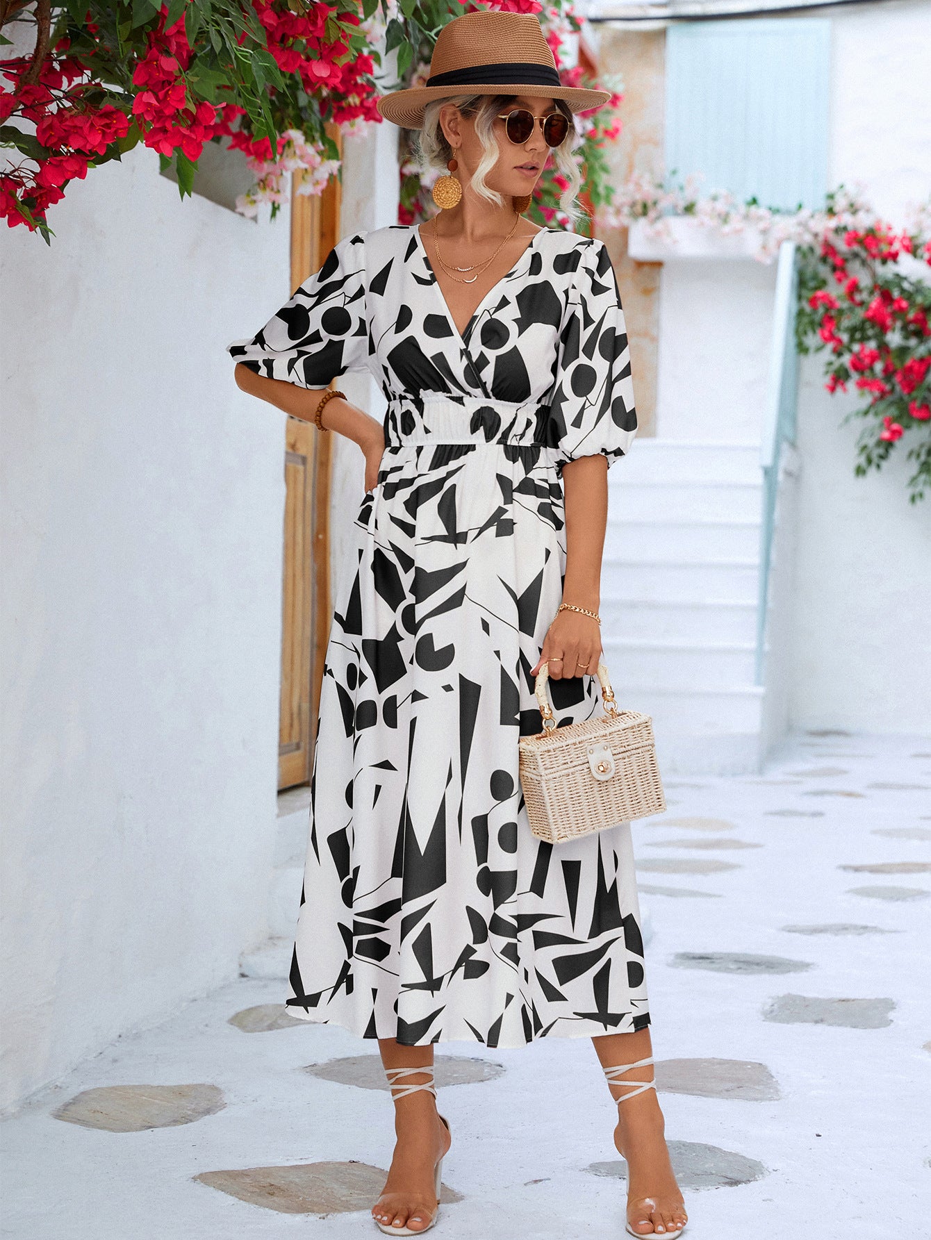 Printed Surplice Balloon Sleeve Dress - The Goddess Galleries