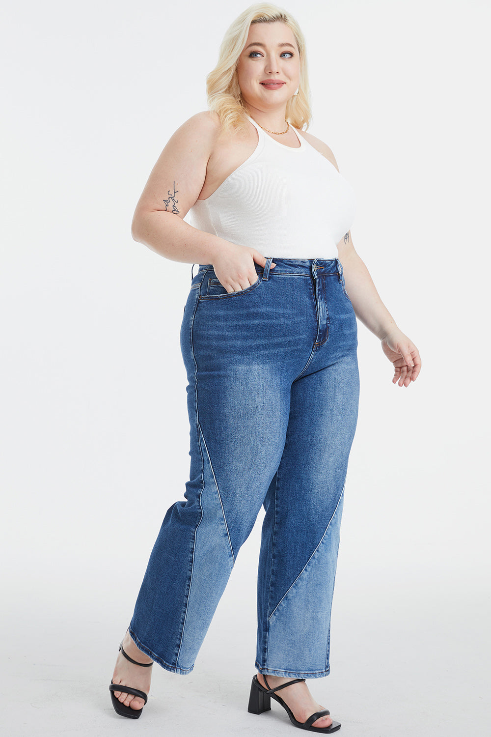 BAYEAS Full Size High Waist Two-Tones Patched Wide Leg Jeans - The Goddess Galleries