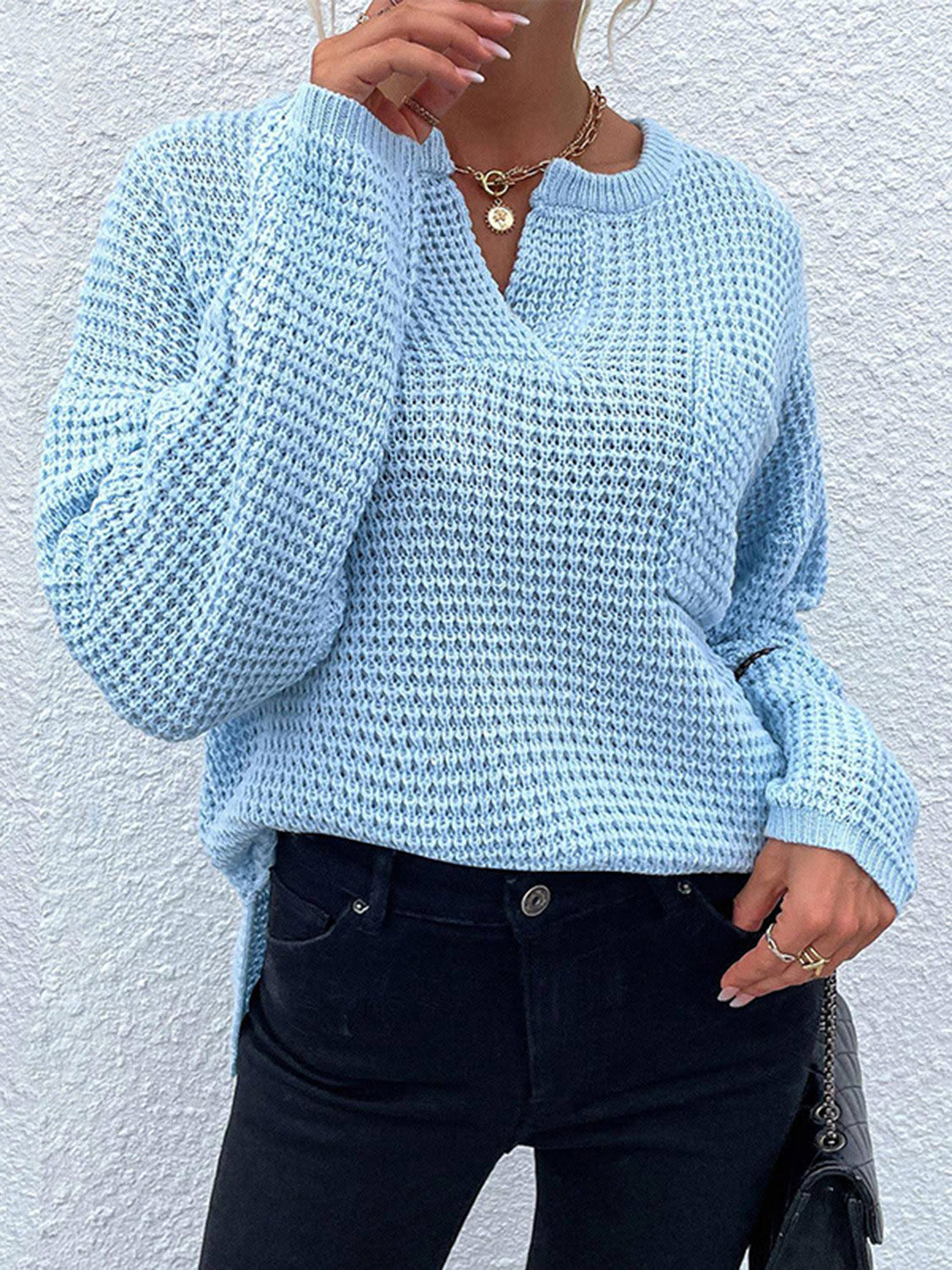 Notched Long Sleeve Sweater - The Goddess Galleries