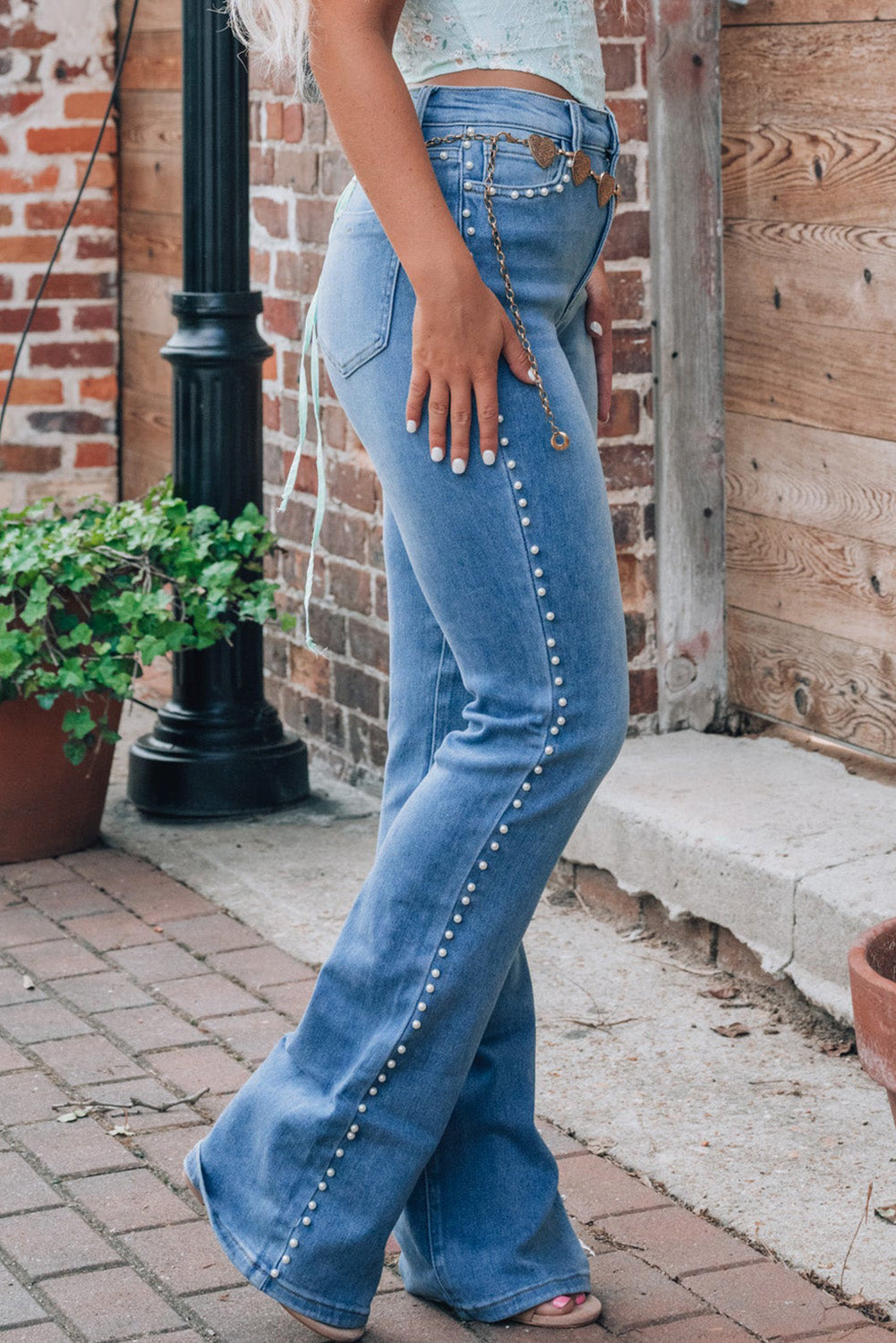 Pearl Trim High Waist Bootcut Jeans - The Goddess Galleries