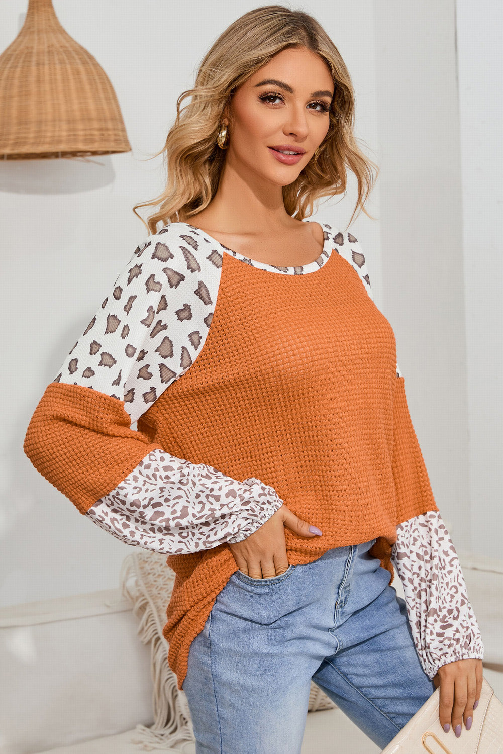 Leopard Waffle-Knit Long Sleeve Blouse - The Goddess Galleries