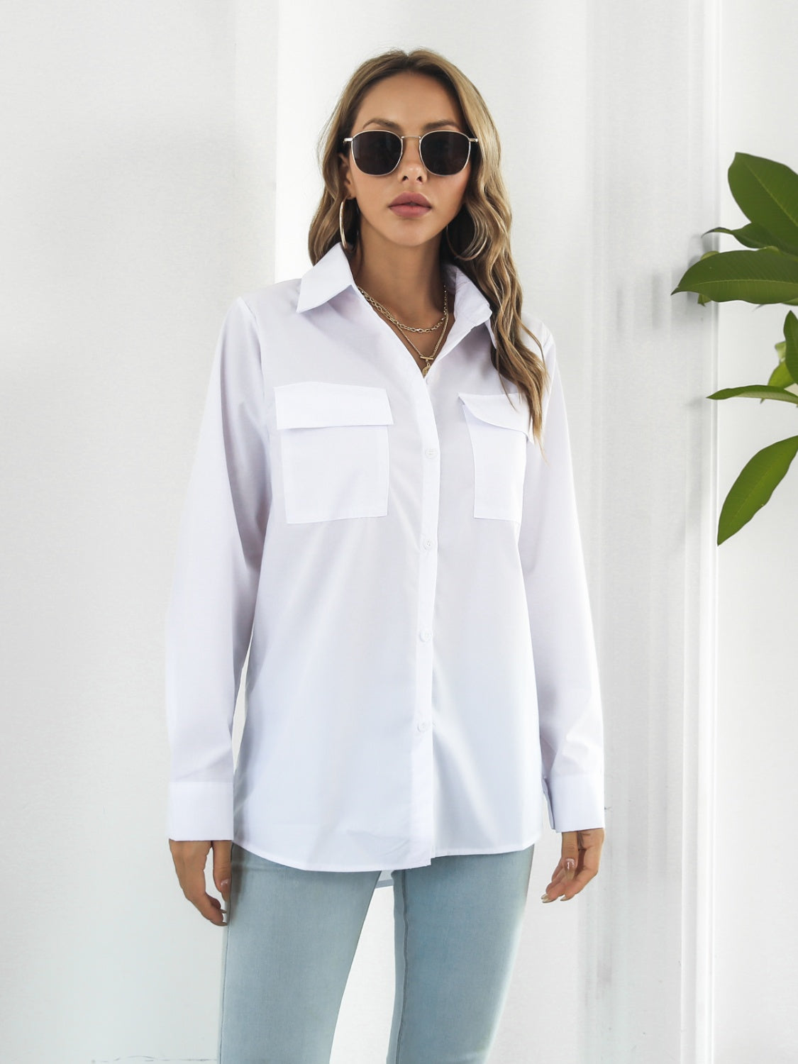 Collared Neck Buttoned Shirt with Pockets - The Goddess Galleries
