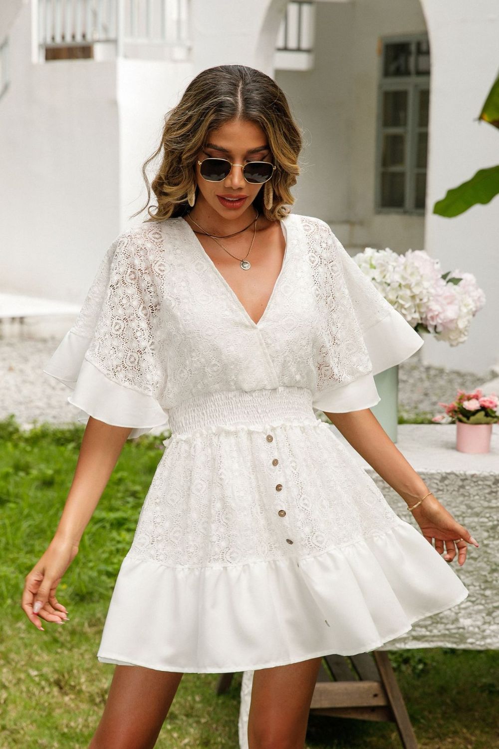 Lace Cutout Surplice Half Sleeve Dress - The Goddess Galleries