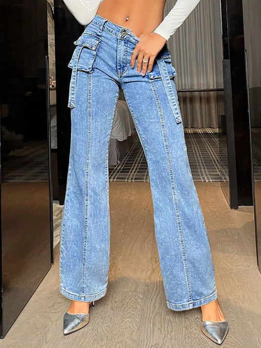 Mid Rise Straight Jeans with Cargo Pockets - The Goddess Galleries