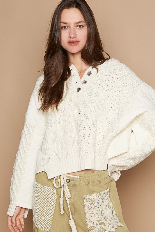 POL Cable-Knit Quarter Button Hooded Sweater - The Goddess Galleries