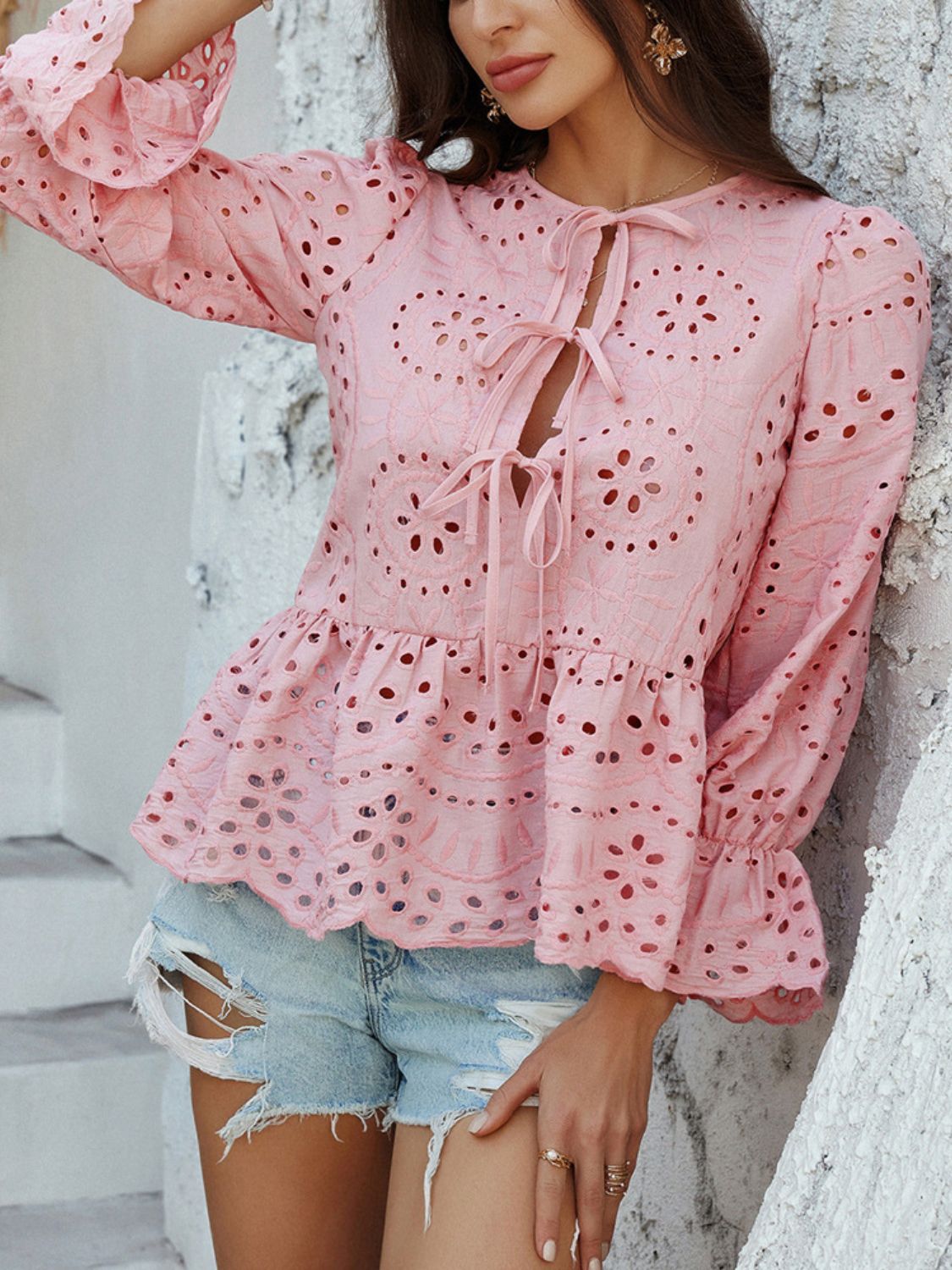 Devine Tie Front Flounce Sleeve Peplum Blouse - The Goddess Galleries