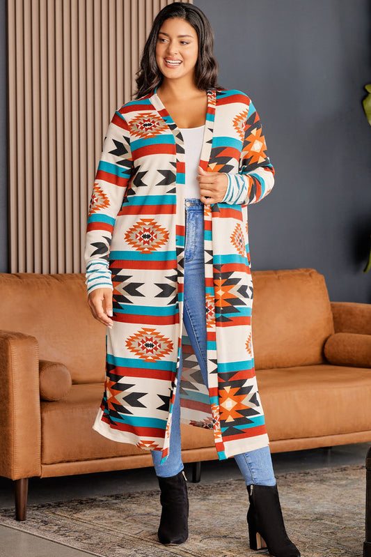 Plus Size Geometric Open Front Longline Cardigan - The Goddess Galleries