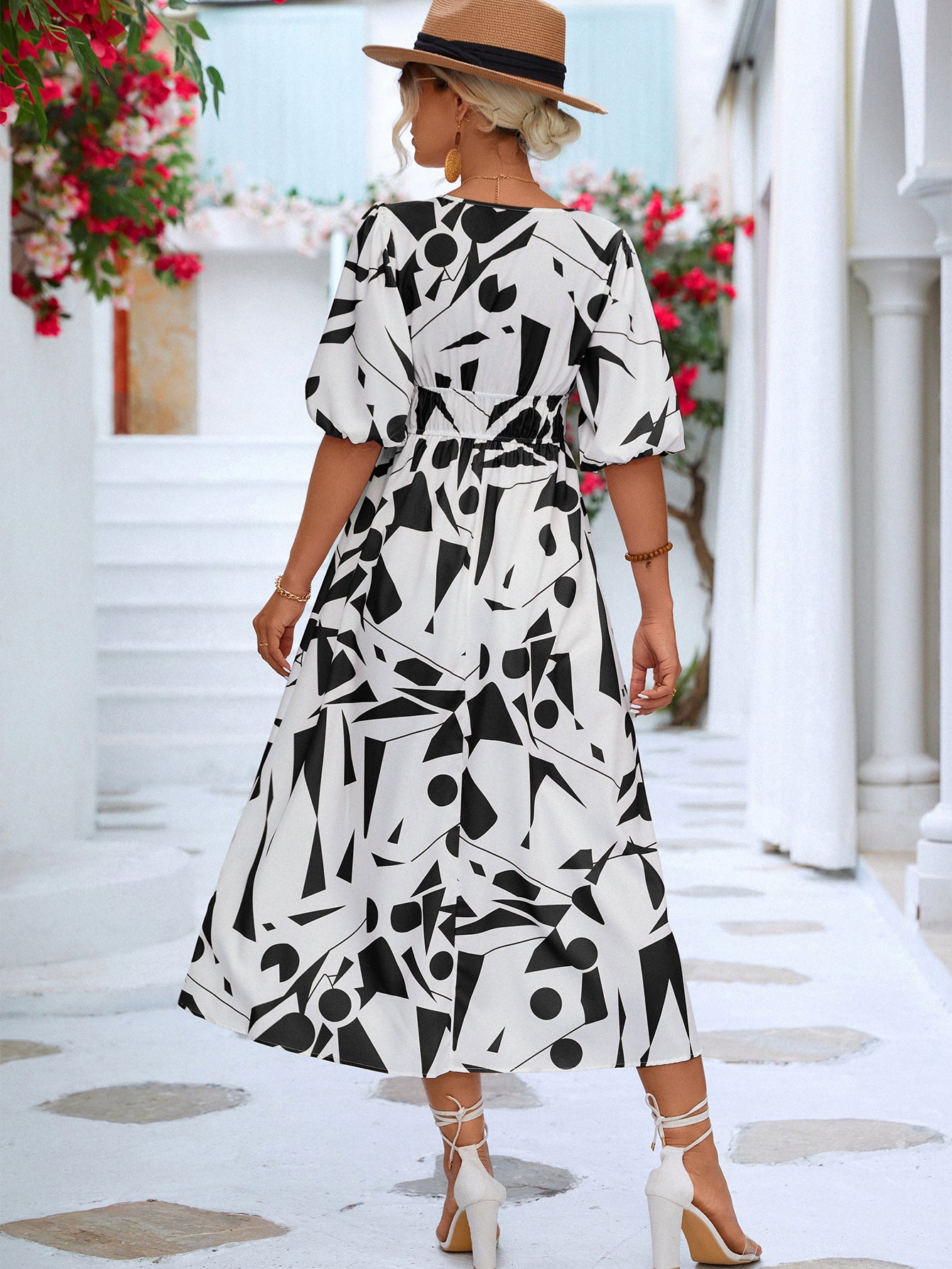 Printed Surplice Balloon Sleeve Dress - The Goddess Galleries
