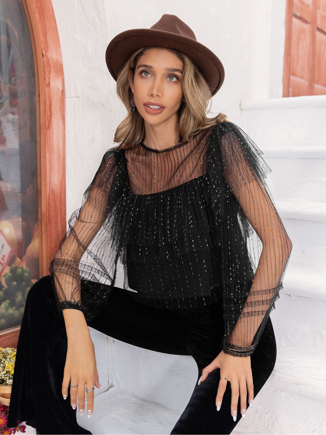 Round Neck Layered Long Sleeve Blouse - The Goddess Galleries
