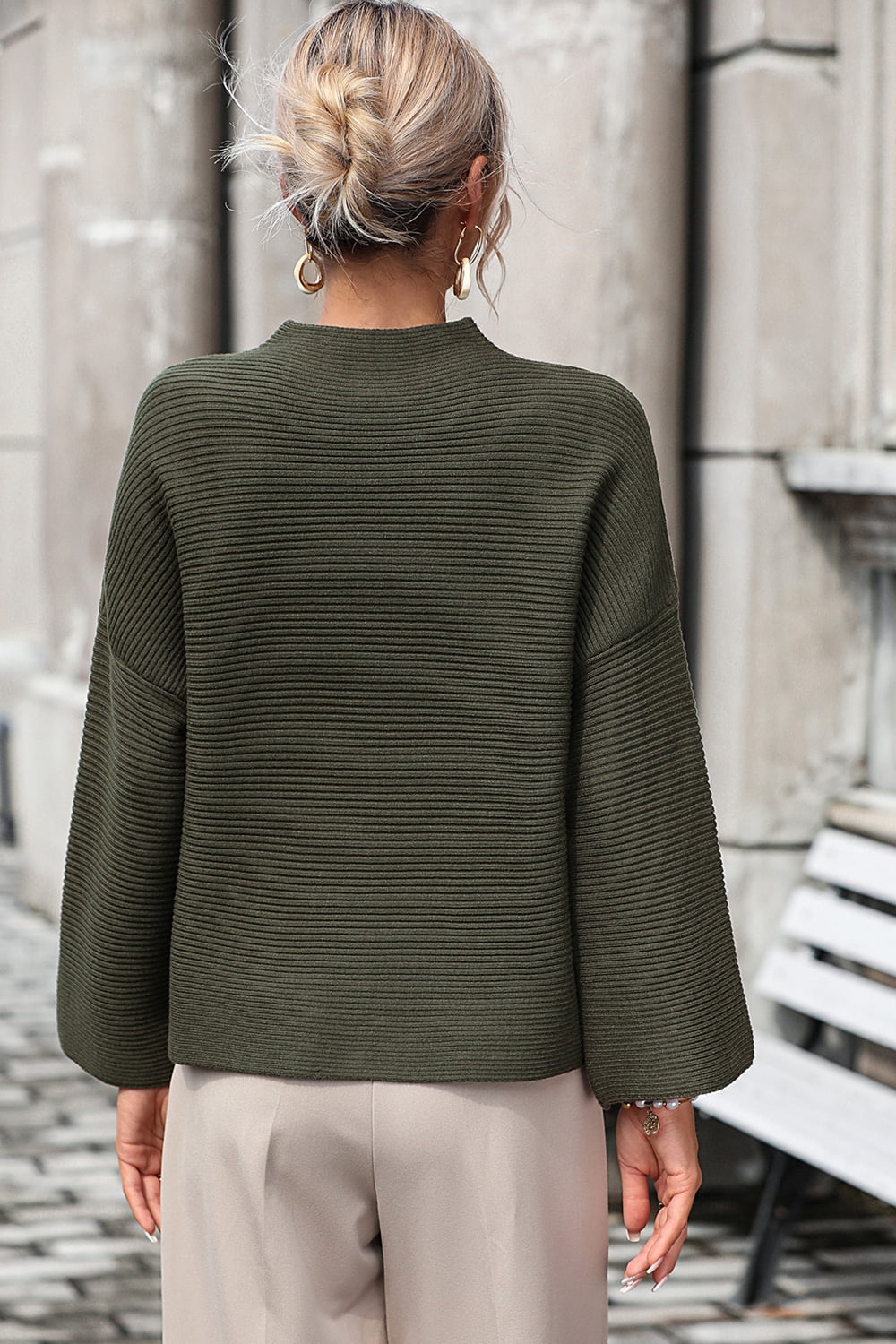 Mock Neck Dropped Shoulder Pullover Sweater - The Goddess Galleries