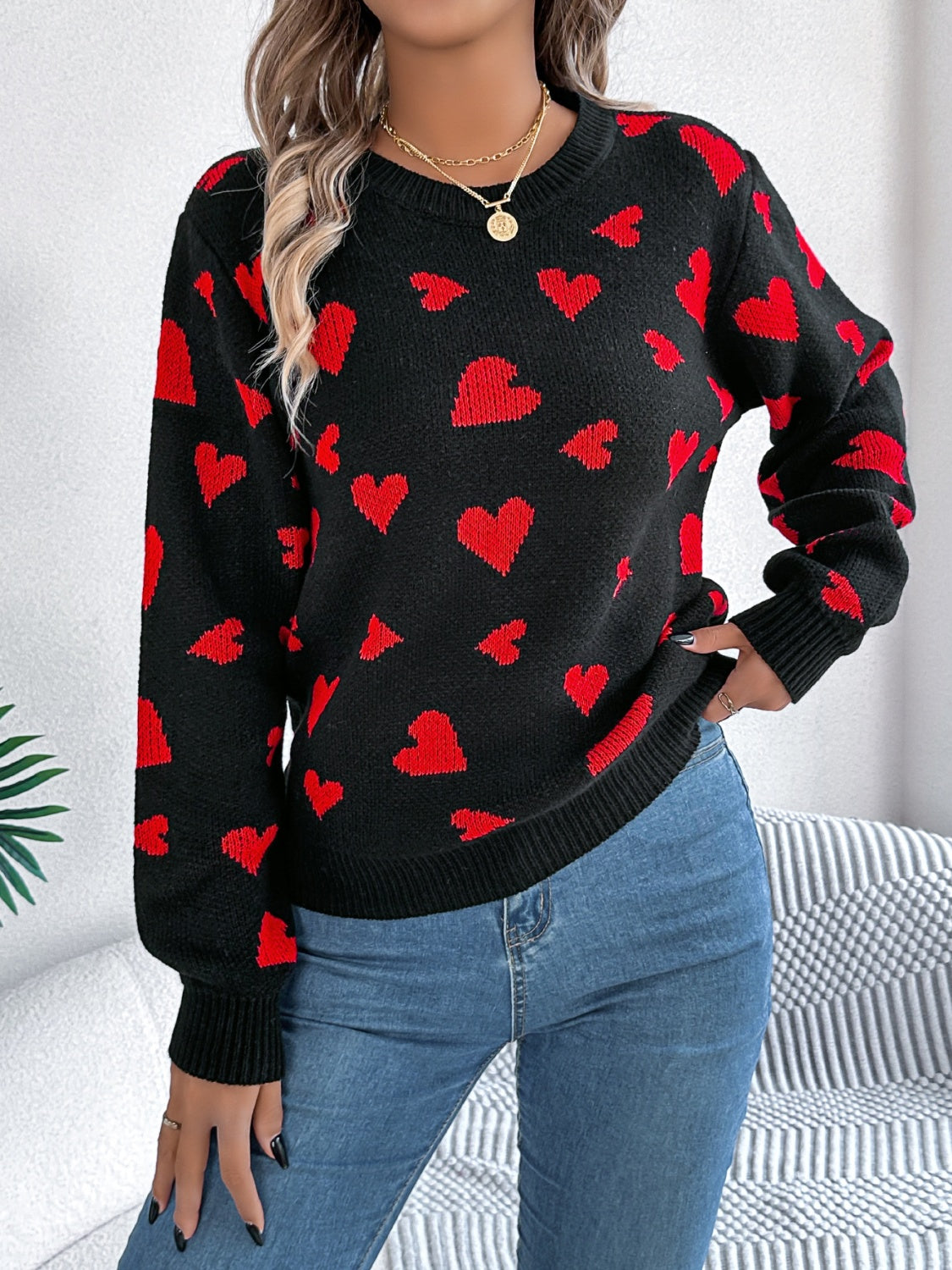 Heart Round Neck Long Sleeve Sweater - The Goddess Galleries