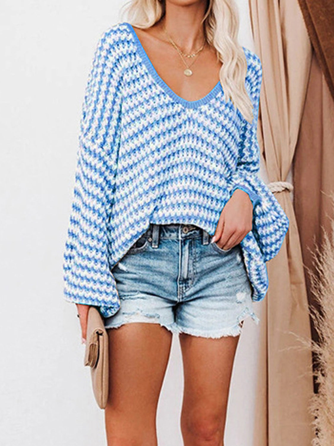 Striped Drop Shoulder V-Neck Sweater - The Goddess Galleries