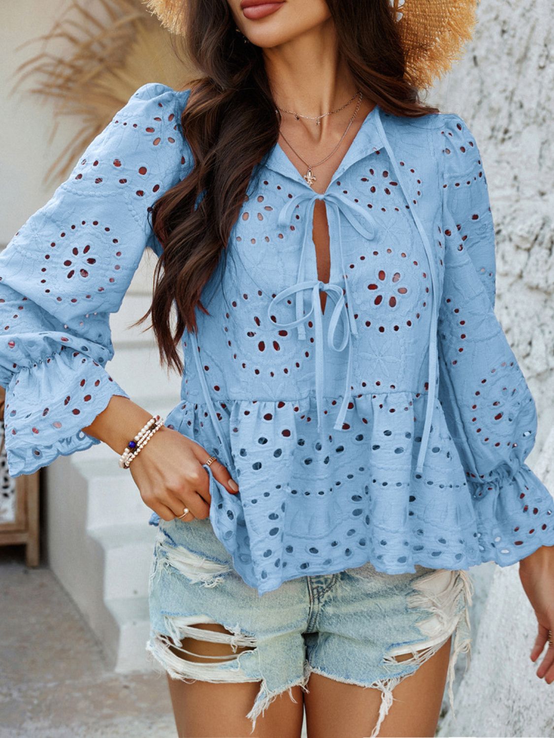 Devine Tie Front Flounce Sleeve Peplum Blouse - The Goddess Galleries