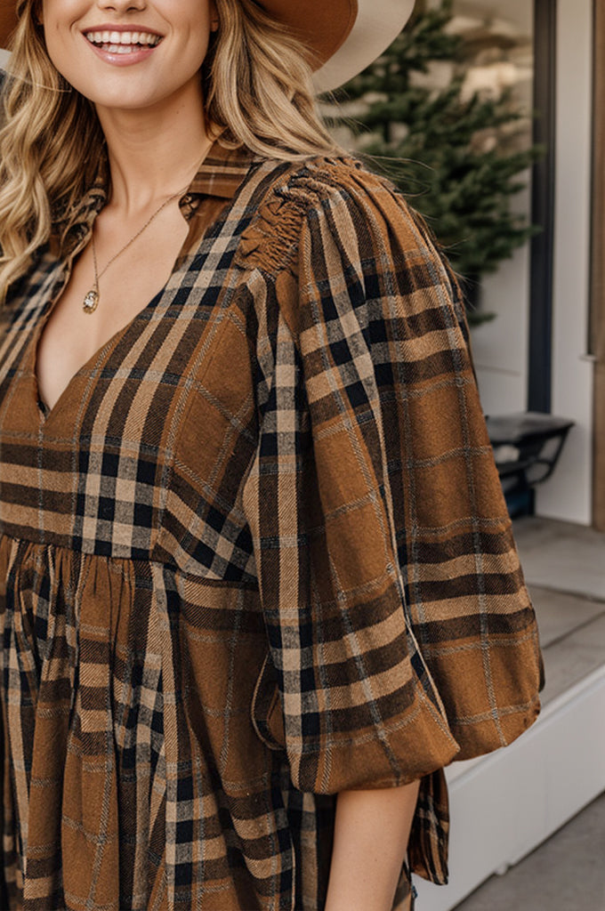 Plus Size Plaid V-Neck Balloon Sleeve Mini Dress - The Goddess Galleries