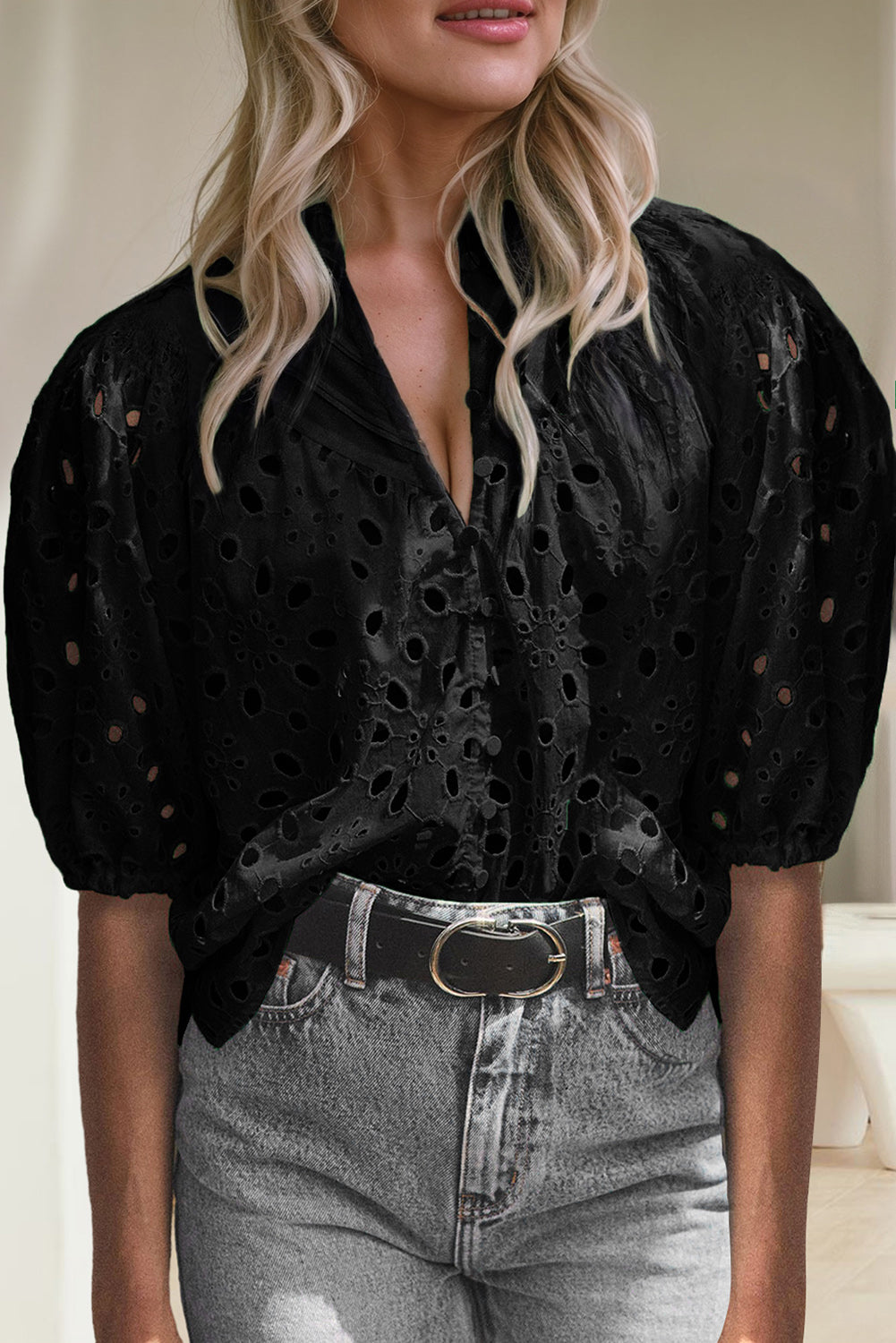 Eyelet Button Up Half Sleeve Blouse - The Goddess Galleries