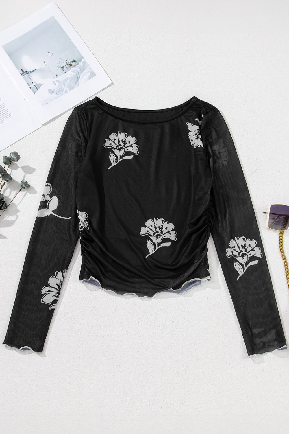 Floral Mesh Lettuce Edge Ruched Slim Long Sleeve Top - The Goddess Galleries