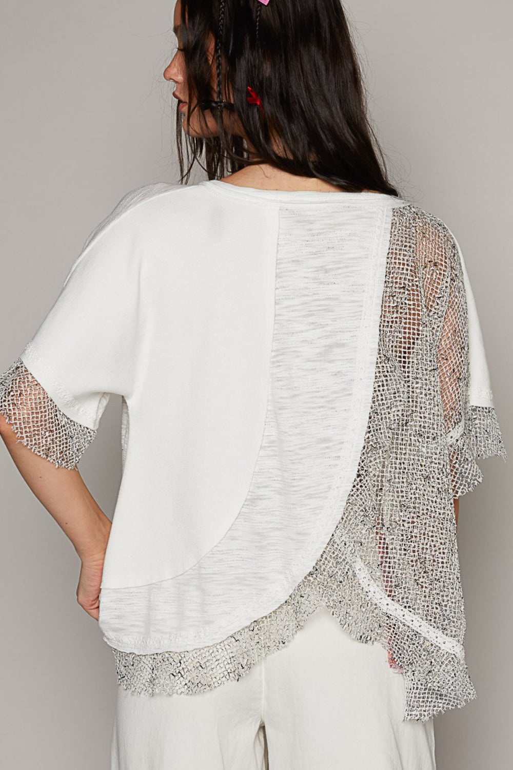 POL Openwork V-Neck Half Sleeve Top - The Goddess Galleries