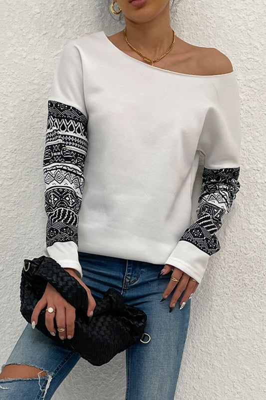 Shiny Boat Neck Long Printed Sleeve Blouse - The Goddess Galleries