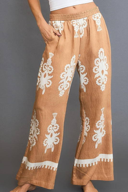 Umgee Full Size Border Print Wide Leg Pants Plus Size - The Goddess Galleries