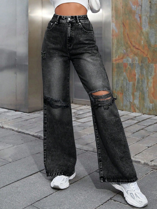 Distressed Wide Leg Jeans with Pockets - The Goddess Galleries