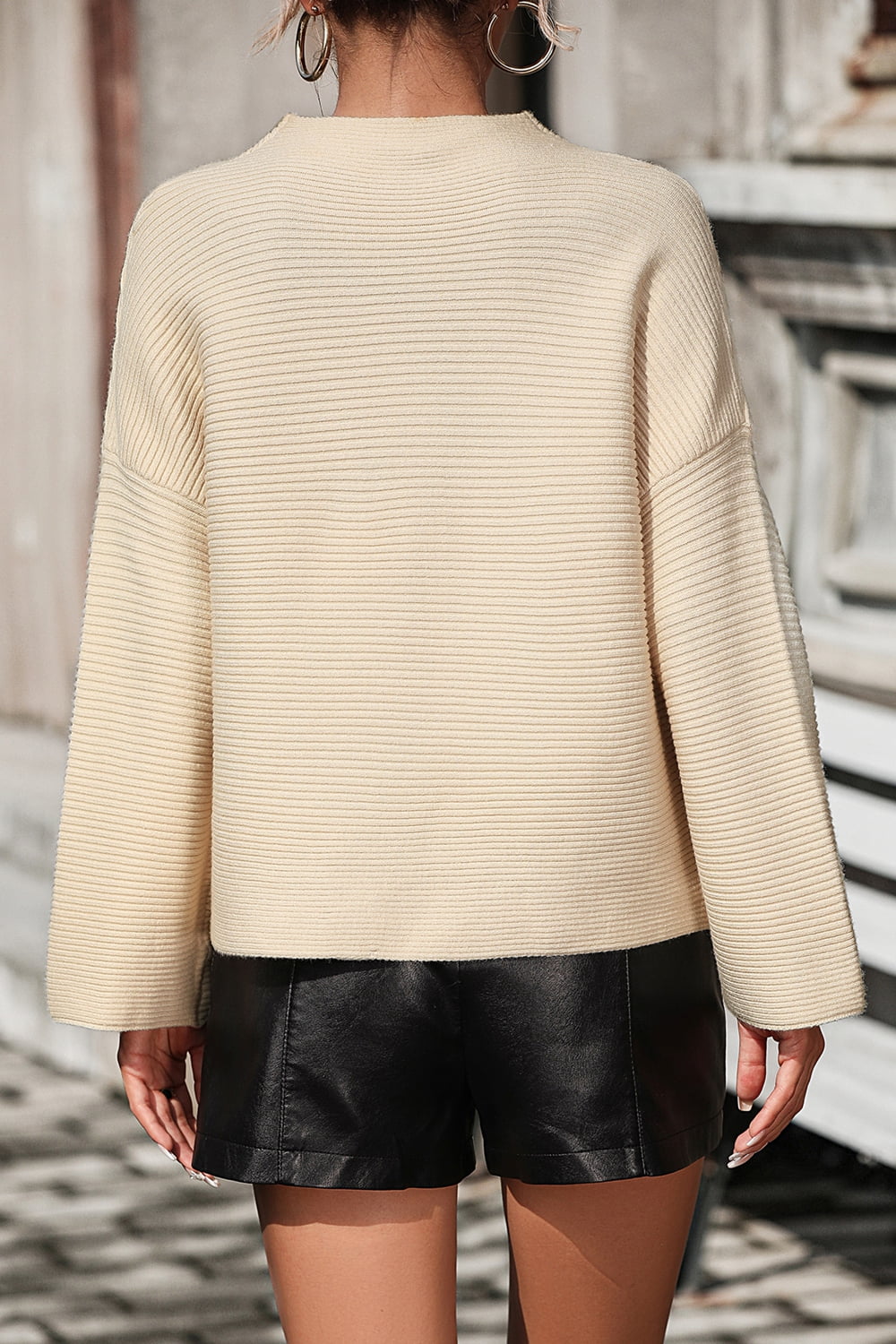 Mock Neck Dropped Shoulder Pullover Sweater - The Goddess Galleries
