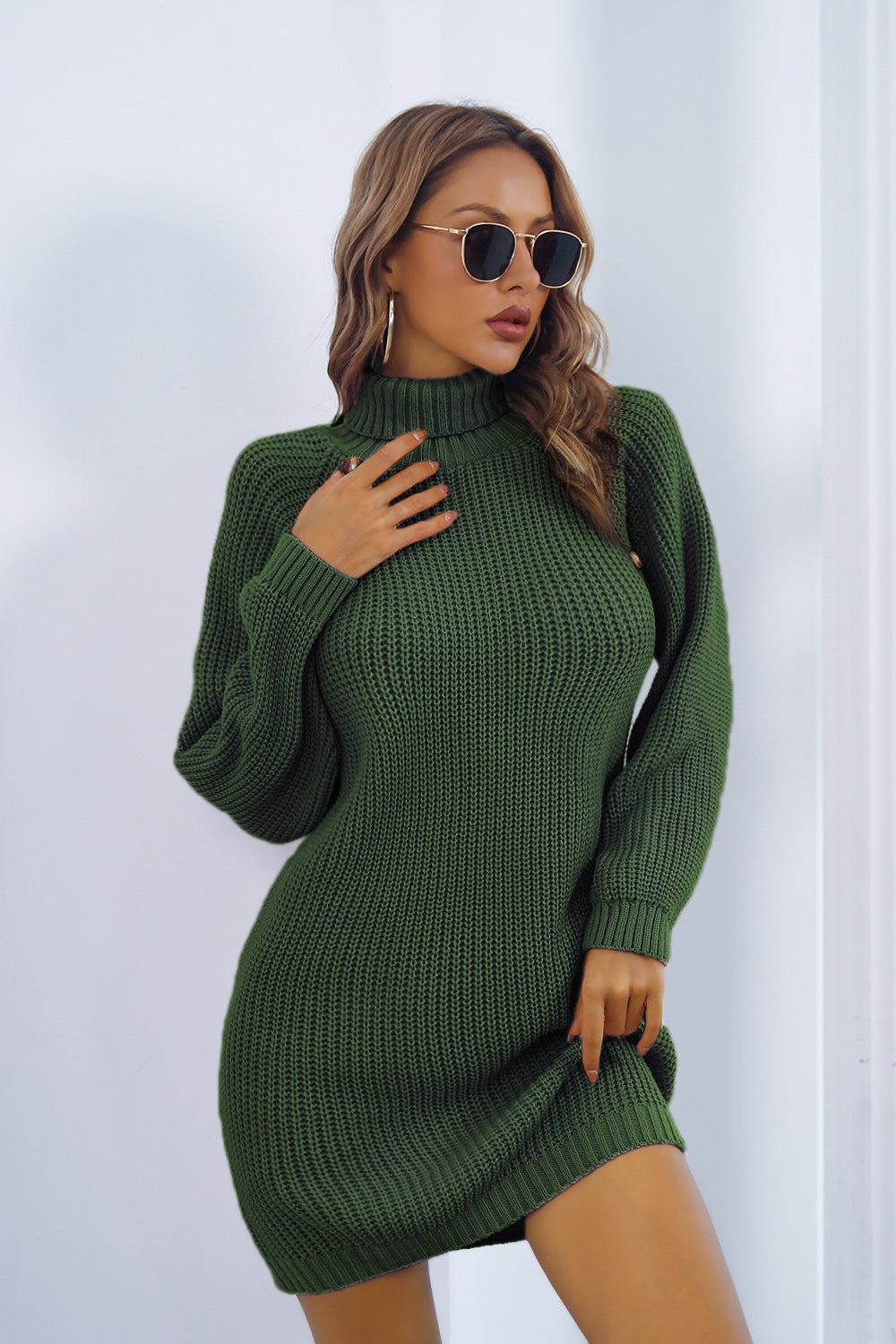 Buttoned Turtleneck Long Sleeve Sweater Dress - The Goddess Galleries