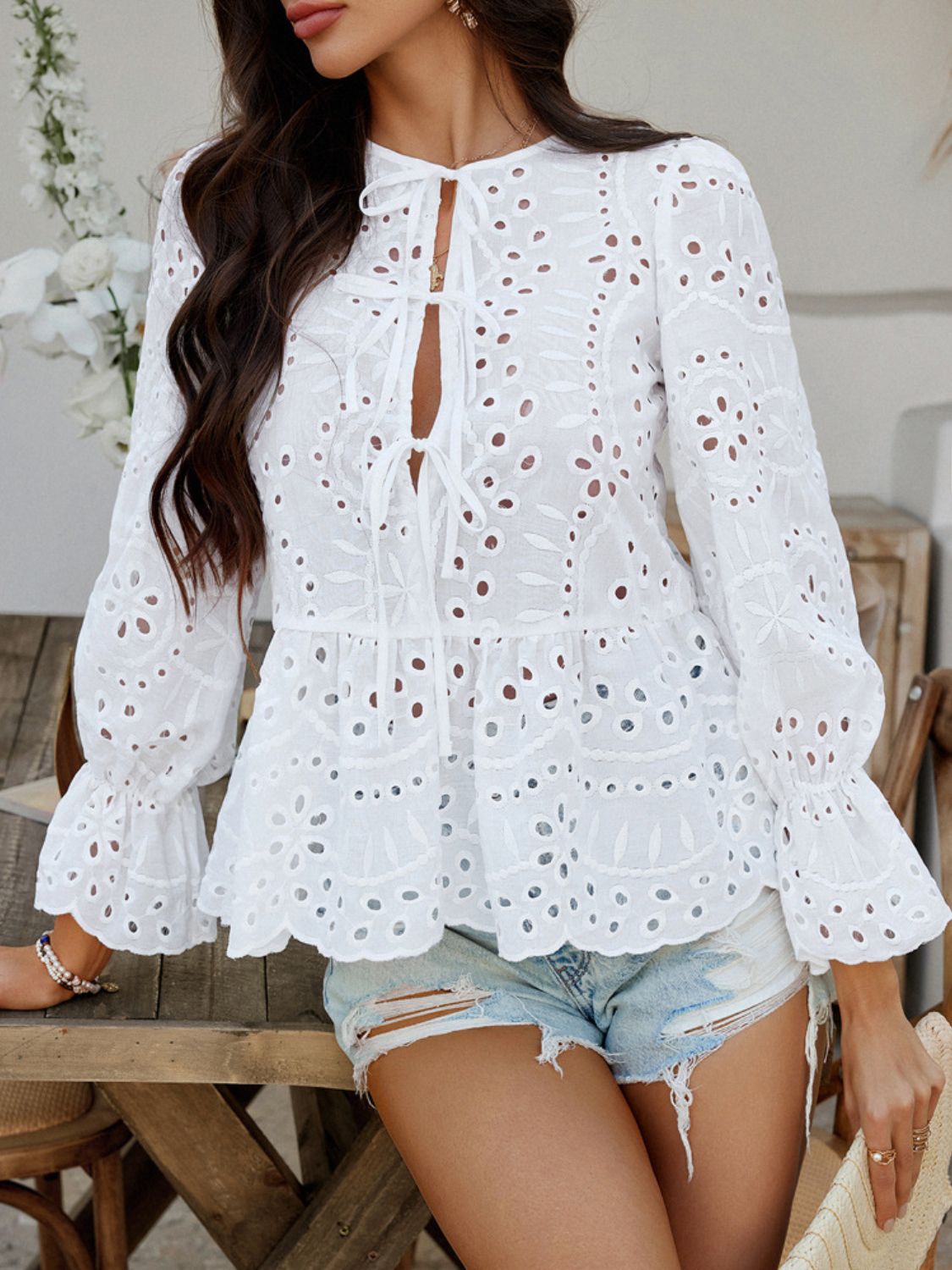 Devine Tie Front Flounce Sleeve Peplum Blouse - The Goddess Galleries