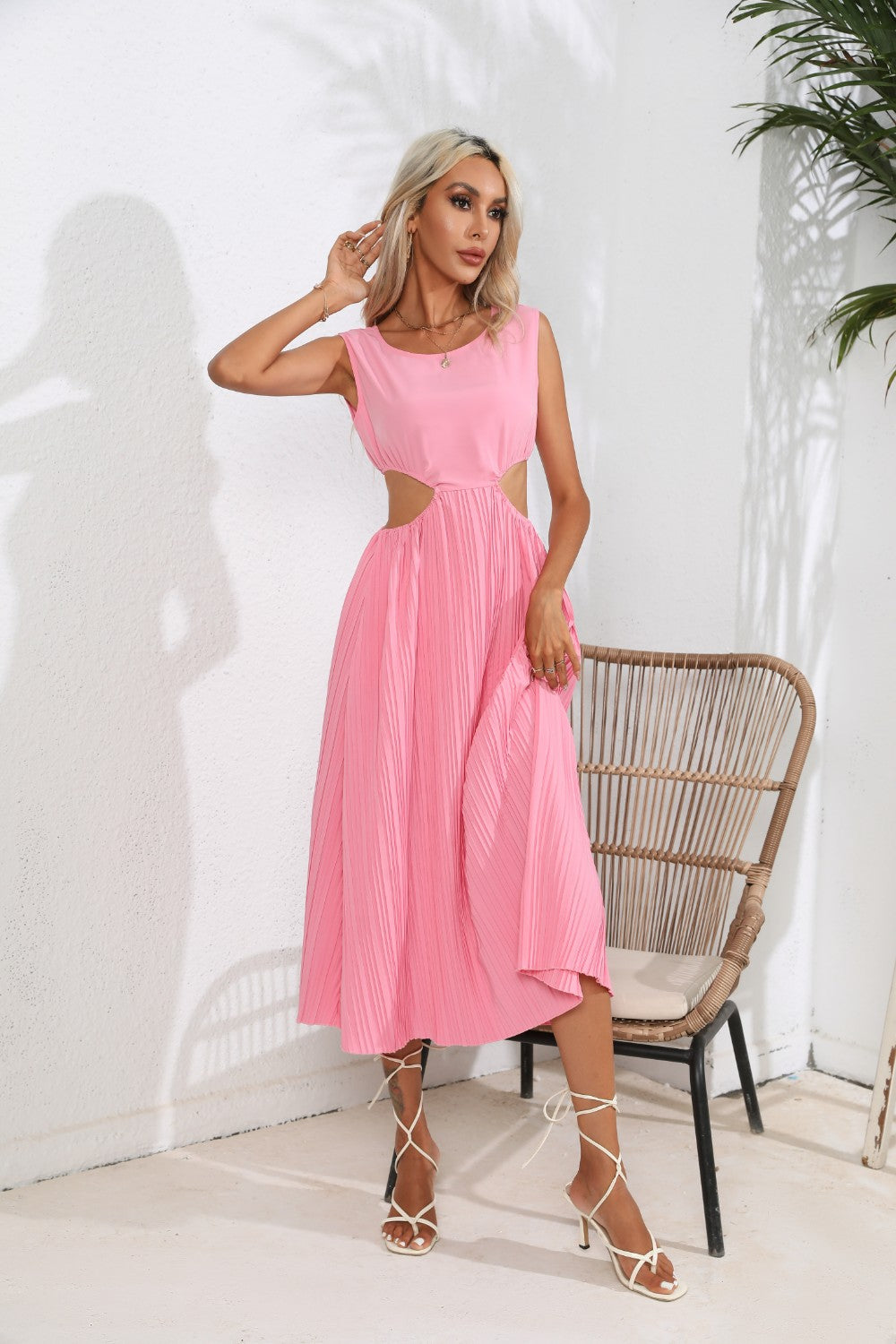 Cutout Ruched Round Neck Tank Dress - The Goddess Galleries