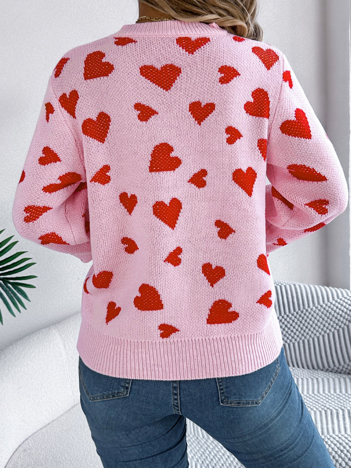 Heart Round Neck Long Sleeve Sweater - The Goddess Galleries