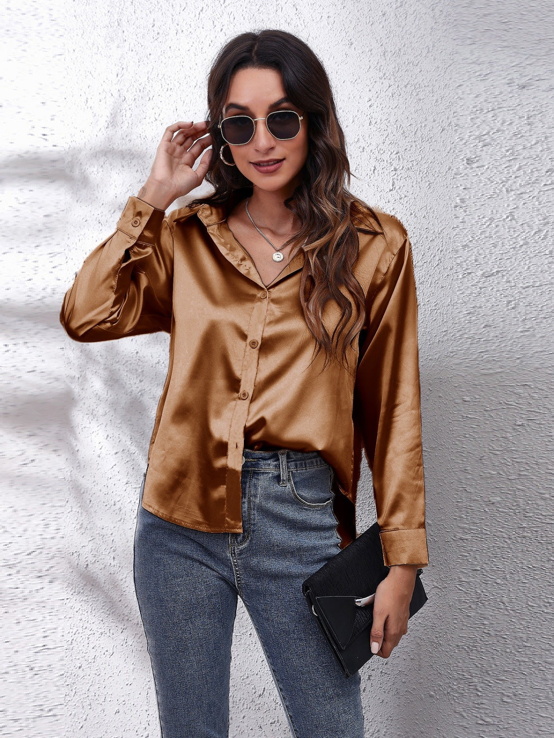 Collared Neck Buttoned Long Sleeve Shirt - The Goddess Galleries