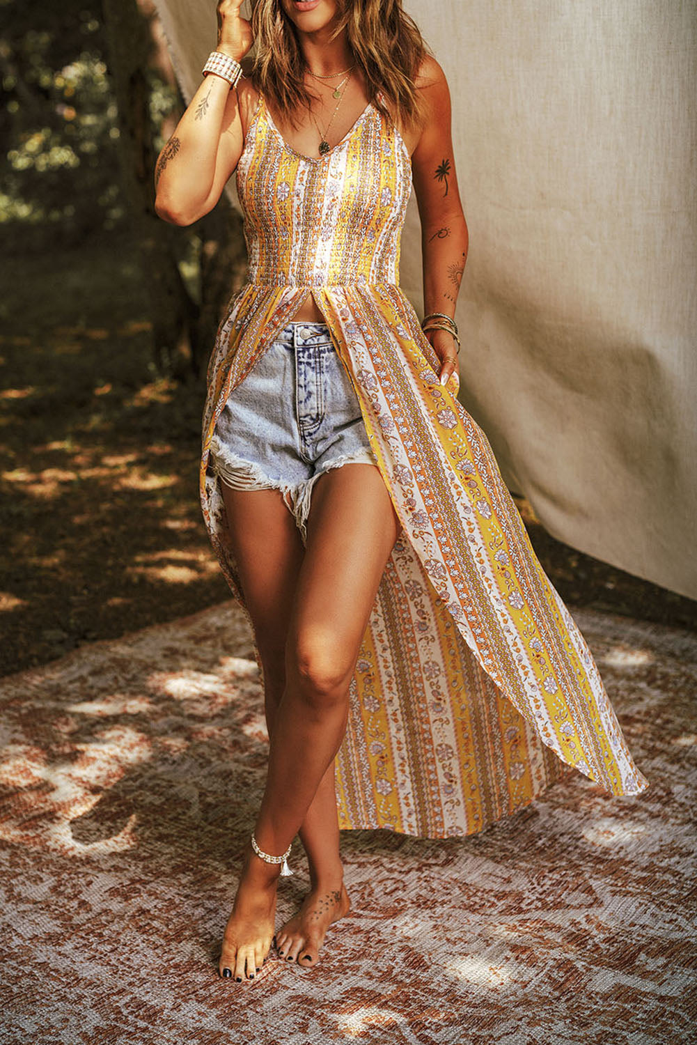 Smocked Printed V-Neck Cami - The Goddess Galleries