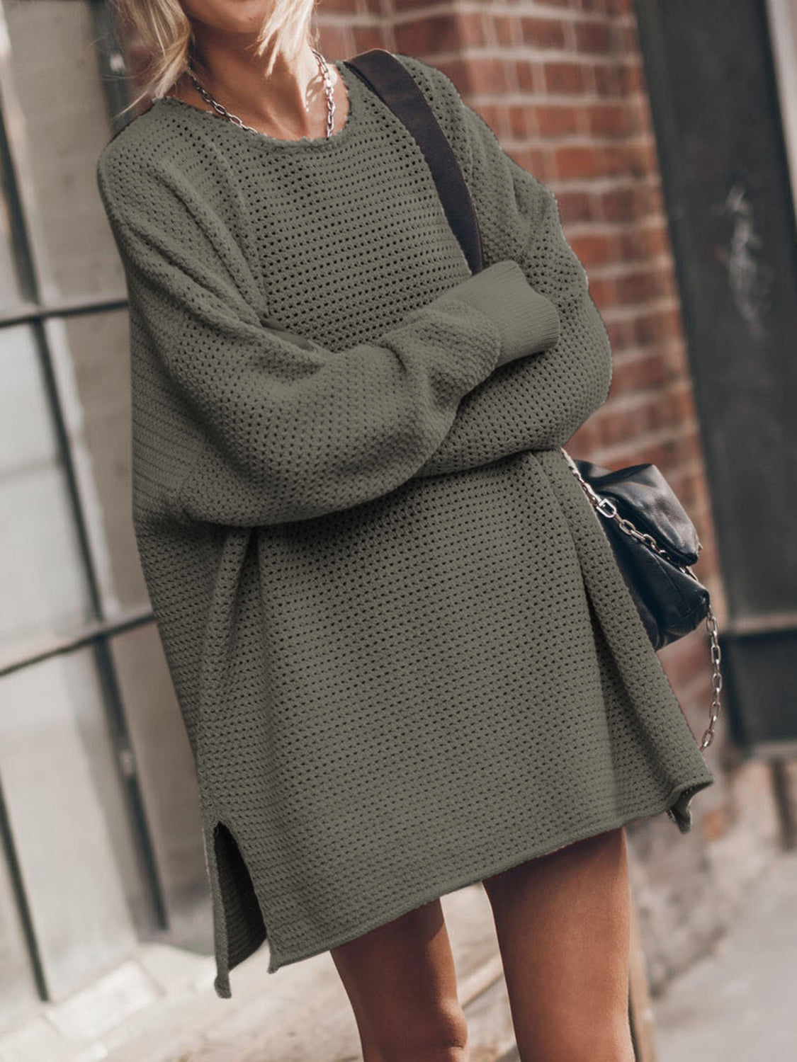 Openwork Round Neck Long Sleeve Slit Sweater - The Goddess Galleries