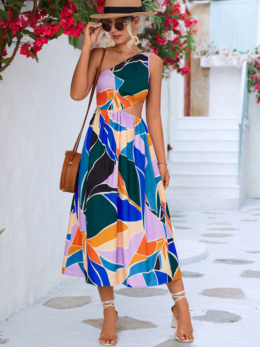 Printed Cutout One-Shoulder Sleeveless Dress - The Goddess Galleries