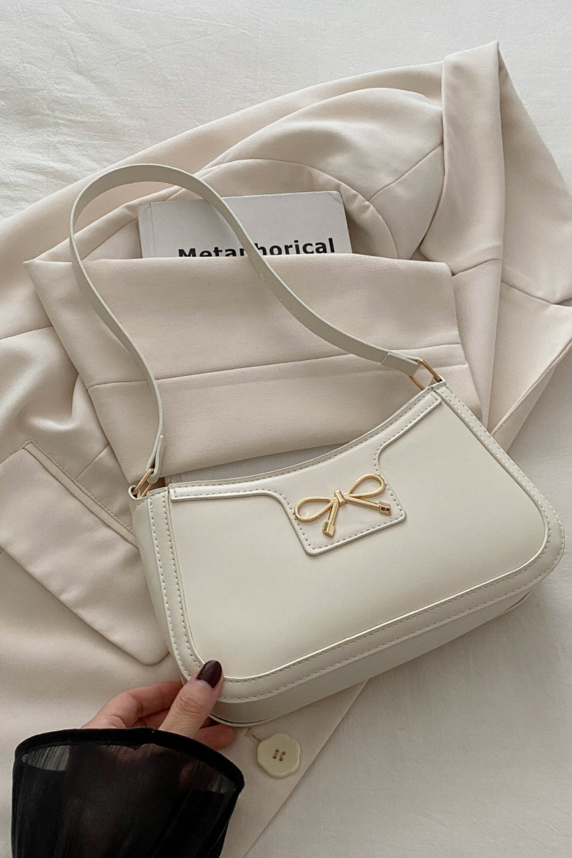 Bow Trim PU Leather Shoulder Bag - The Goddess Galleries