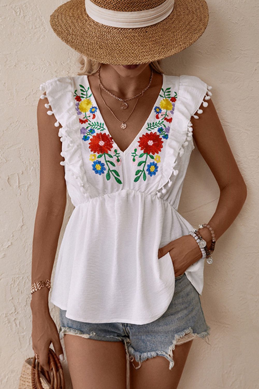 Perfee Embroidered Pom-Pom Trim Cap Sleeve Babydoll Top - The Goddess Galleries