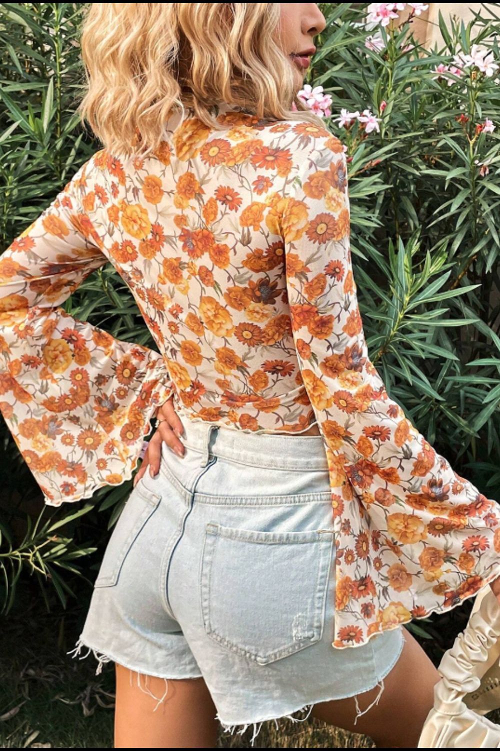 Printed Mock Neck Flare Sleeve Top - The Goddess Galleries