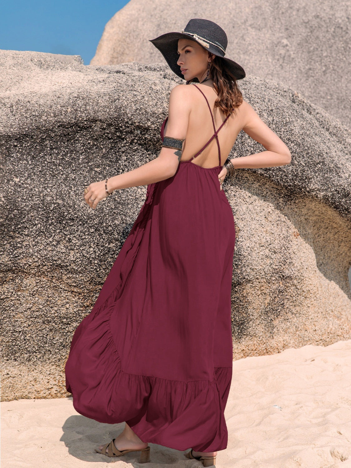 Crisscross Back Drawstring Ruffle Trim Maxi Dress - The Goddess Galleries